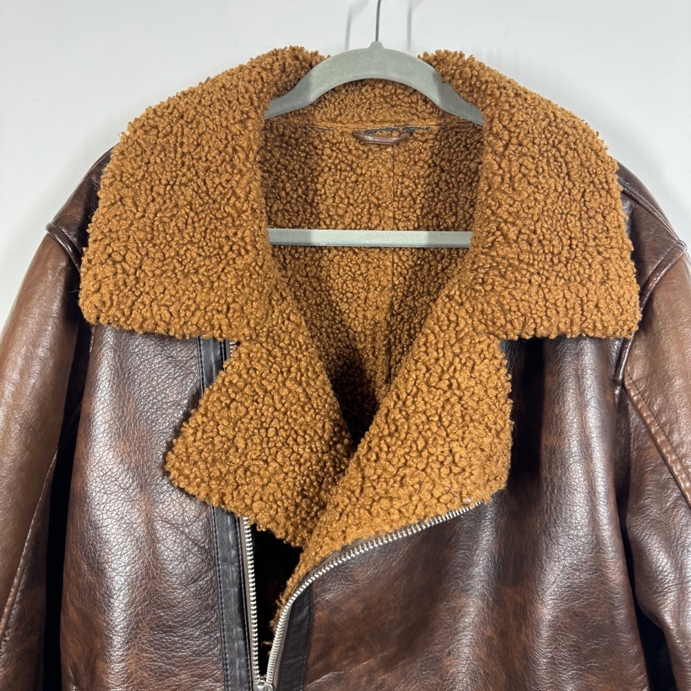 Zara Brown Faux Leather Shearling Jacket Size XL Aviator Biker Cozy Core - Picture 3 of 14